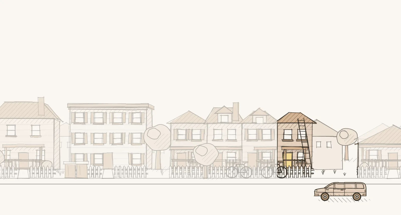 Older Family Suburbs: a street of detached houses, townhouses and apartment buildings, with a ladder against one house. Pen-and-wash illustration, no people.