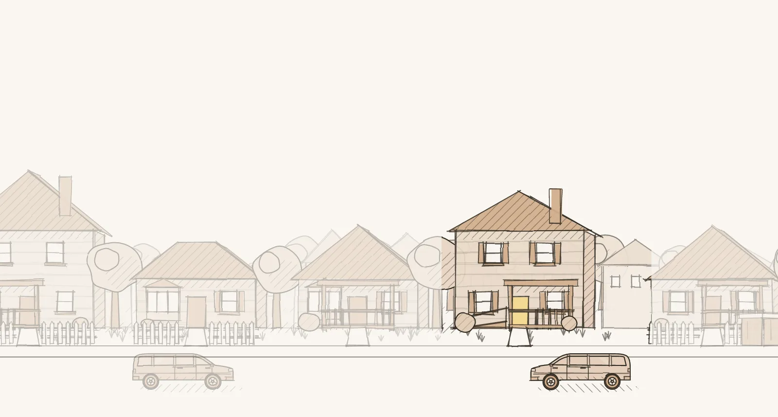 Homeowner Suburbs of Every Age: a street of detached houses and townhouses, with a ramp at a front door. Pen-and-wash illustration, no people.