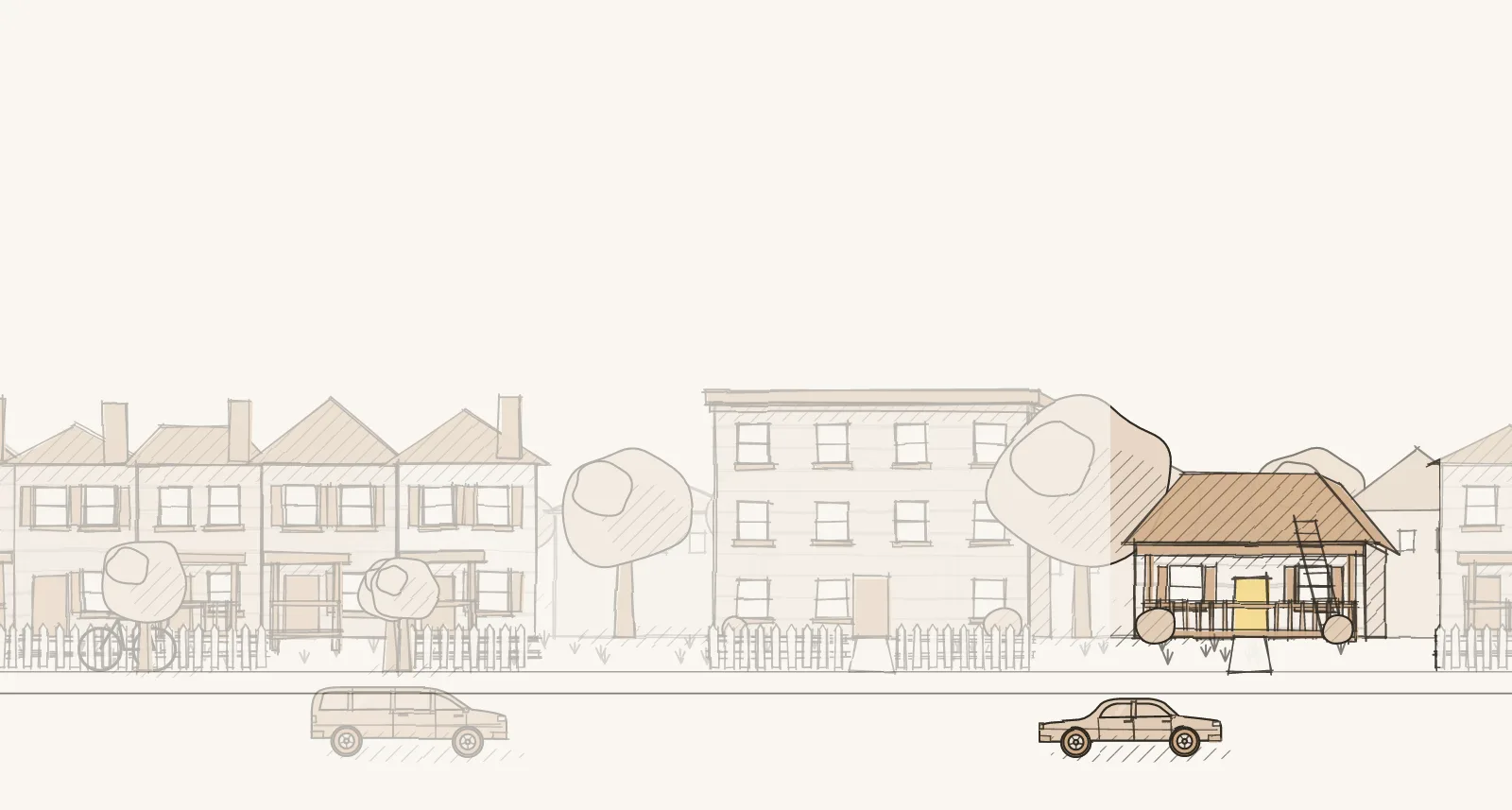 Apartment-and-House Blocks: a street of apartment buildings, detached houses and townhouses, with a ladder against one house. Pen-and-wash illustration, no people.