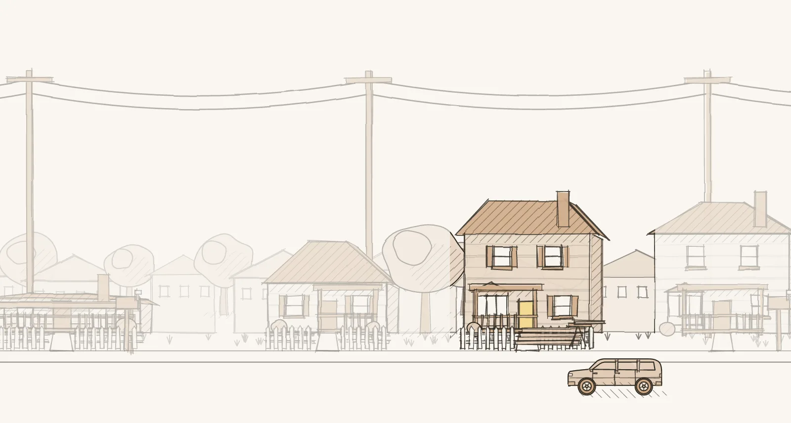 Owned Homes on Country Roads: a street of detached houses and mobile homes, with a stalled building project. Pen-and-wash illustration, no people.