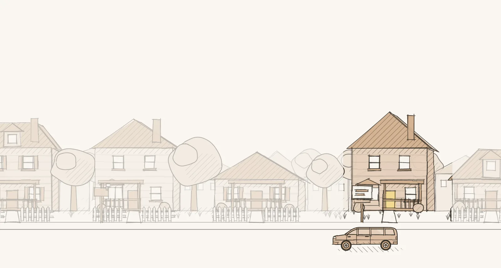 College-Educated Homeowner Streets: a street of detached houses and townhouses, with a For Sale sign. Pen-and-wash illustration, no people.