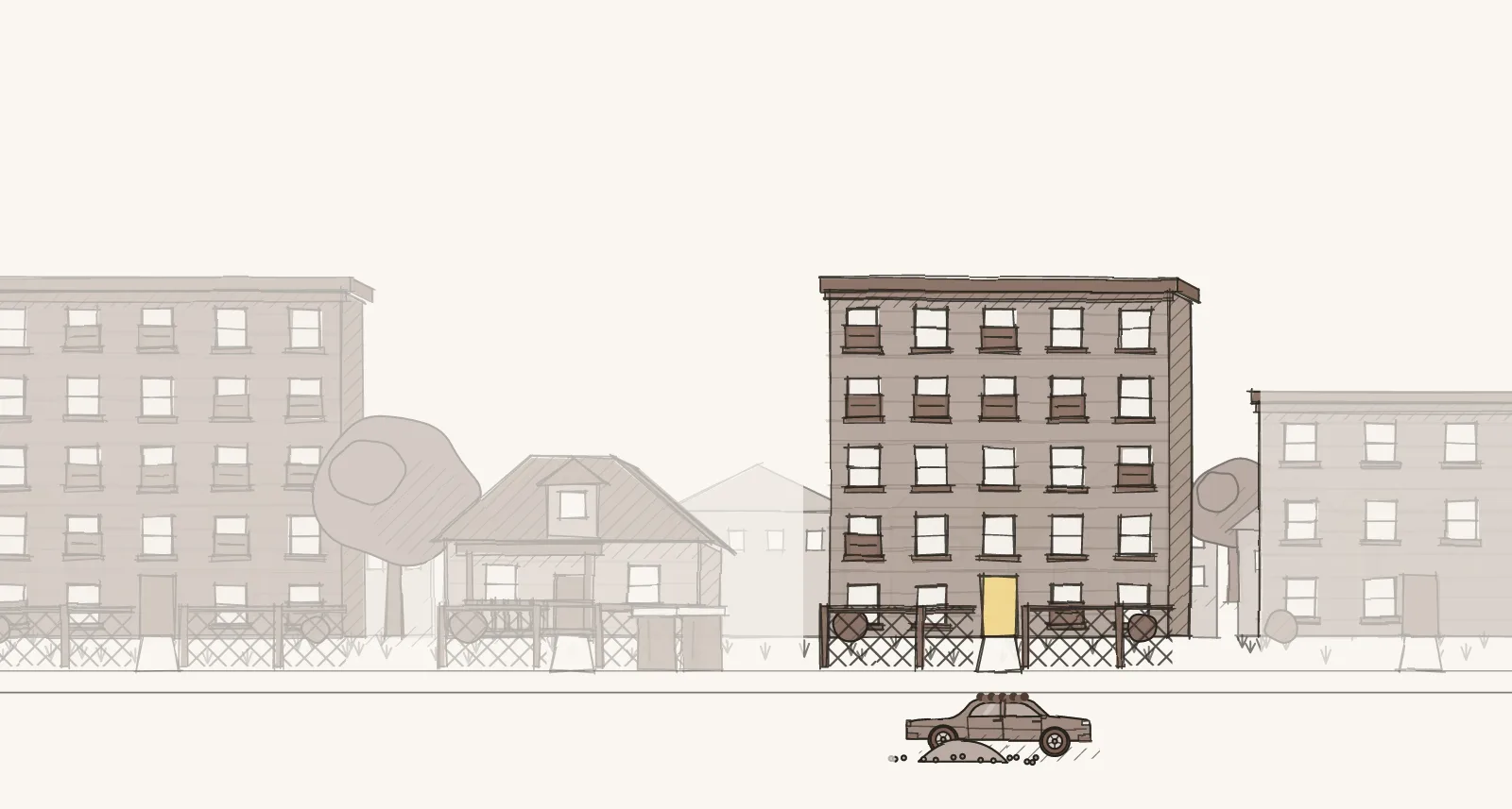 Young Renter Blocks: a street of detached houses, larger apartment buildings and row houses, with a parked car with leaves on it. Pen-and-wash illustration, no people.