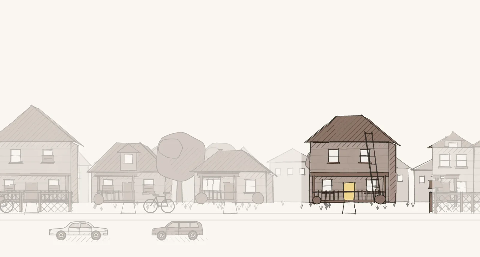 Older Blocks of Small Households: a street of detached houses, apartment buildings and mobile homes, with a ladder against one house. Pen-and-wash illustration, no people.