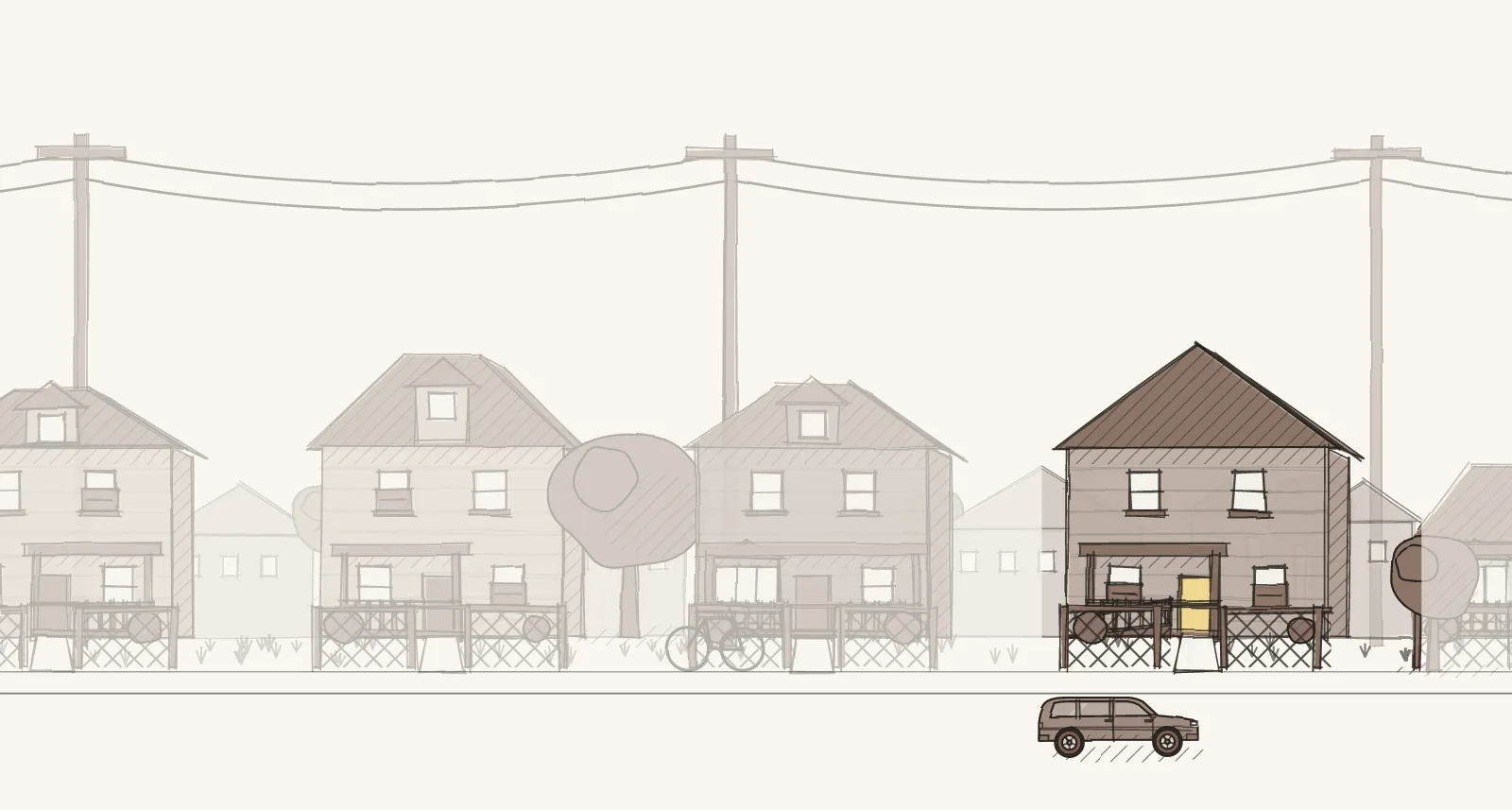 Edge-of-Town Roads: a street of detached houses, mobile homes and townhouses, with a ramp at a front door. Pen-and-wash illustration, no people.