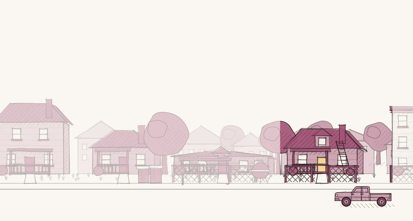 Working Family Blocks: a street of detached houses, townhouses and apartment buildings, with a ladder against one house. Pen-and-wash illustration, no people.