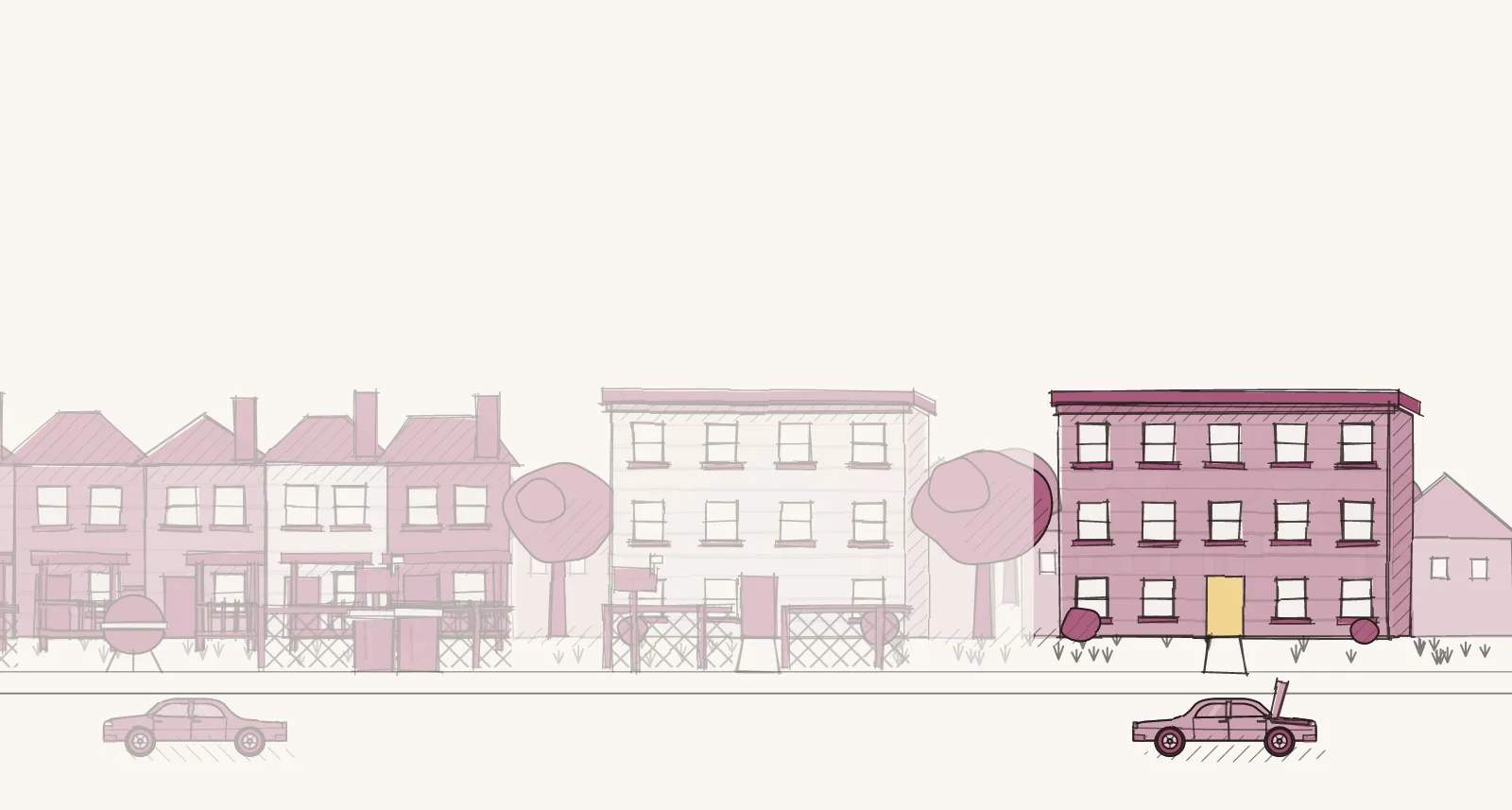 Close-to-Work Rental Streets: a street of detached houses, apartment buildings and townhouses, with a car at the curb with its hood up. Pen-and-wash illustration, no people.