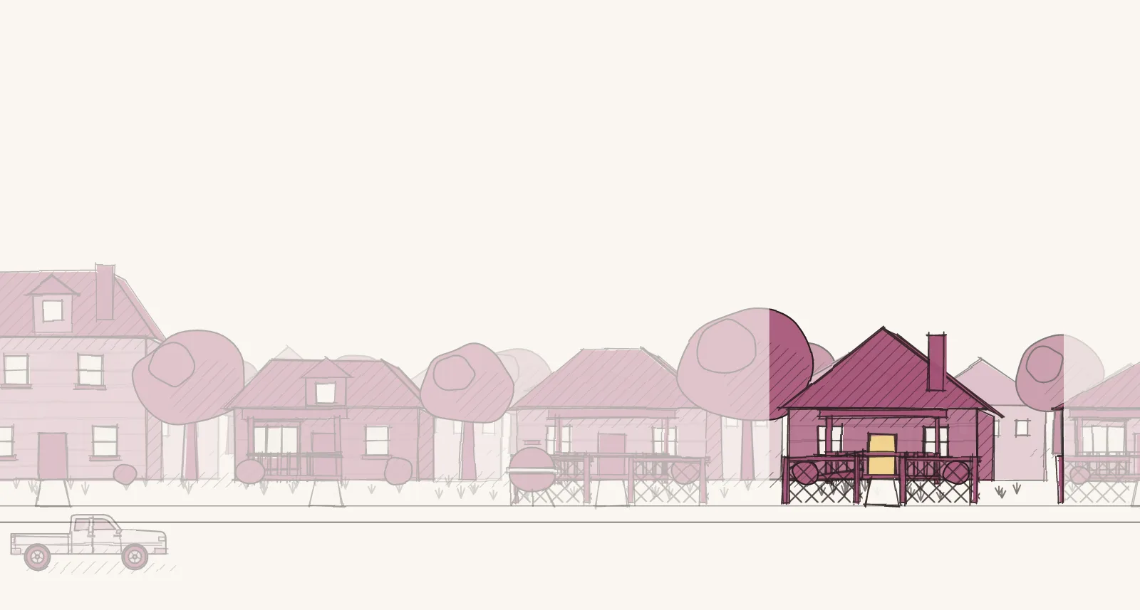 Longtime Homeowner Streets: a street of detached houses, mobile homes and townhouses, with a ramp at a front door. Pen-and-wash illustration, no people.