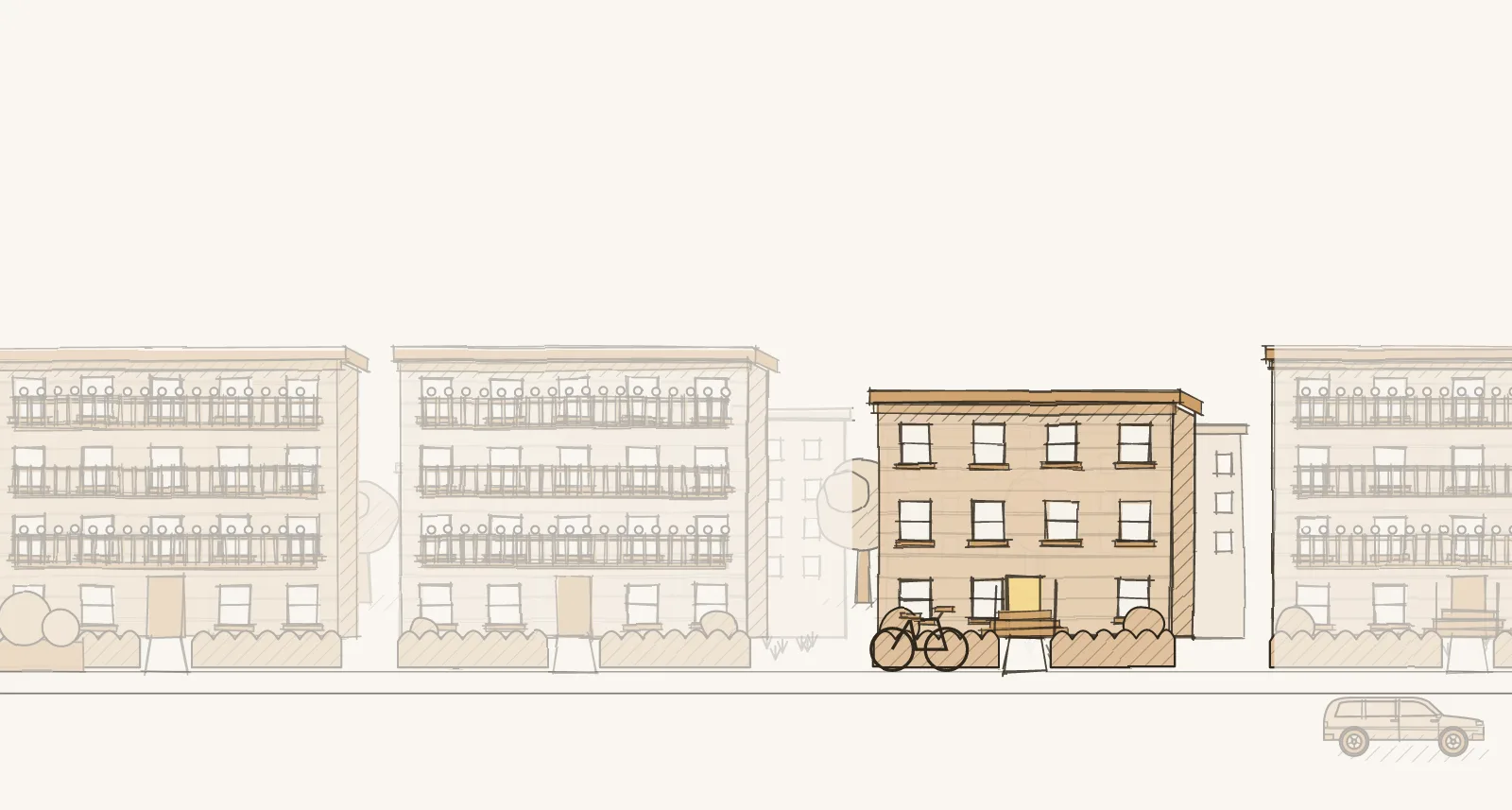 Young-Adult Apartment Neighborhoods: a street of larger apartment buildings, apartment buildings and detached houses, with a bike on the lawn. Pen-and-wash illustration, no people.