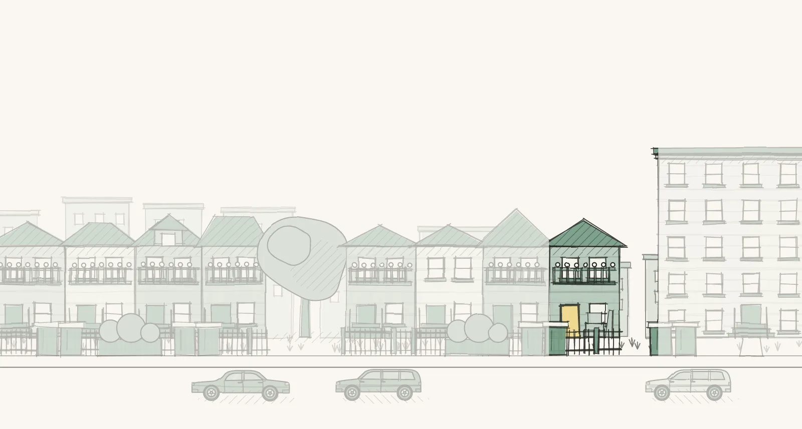 Newer Apartment Neighborhoods: a street of larger apartment buildings, detached houses and townhouses, with boxes by a door. Pen-and-wash illustration, no people.