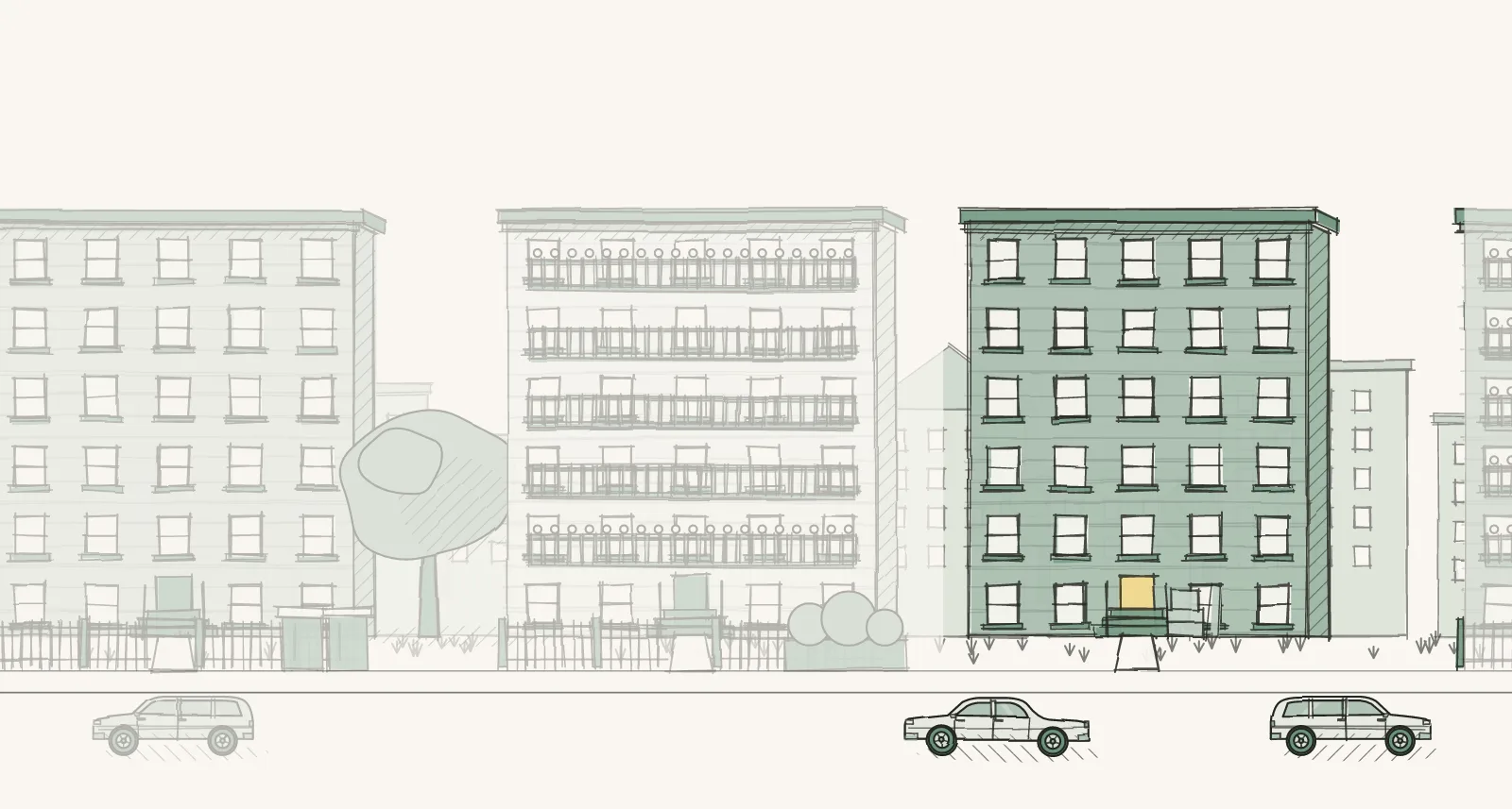 Big-City Apartment Buildings: a street of larger apartment buildings and apartment buildings, with boxes by a door. Pen-and-wash illustration, no people.