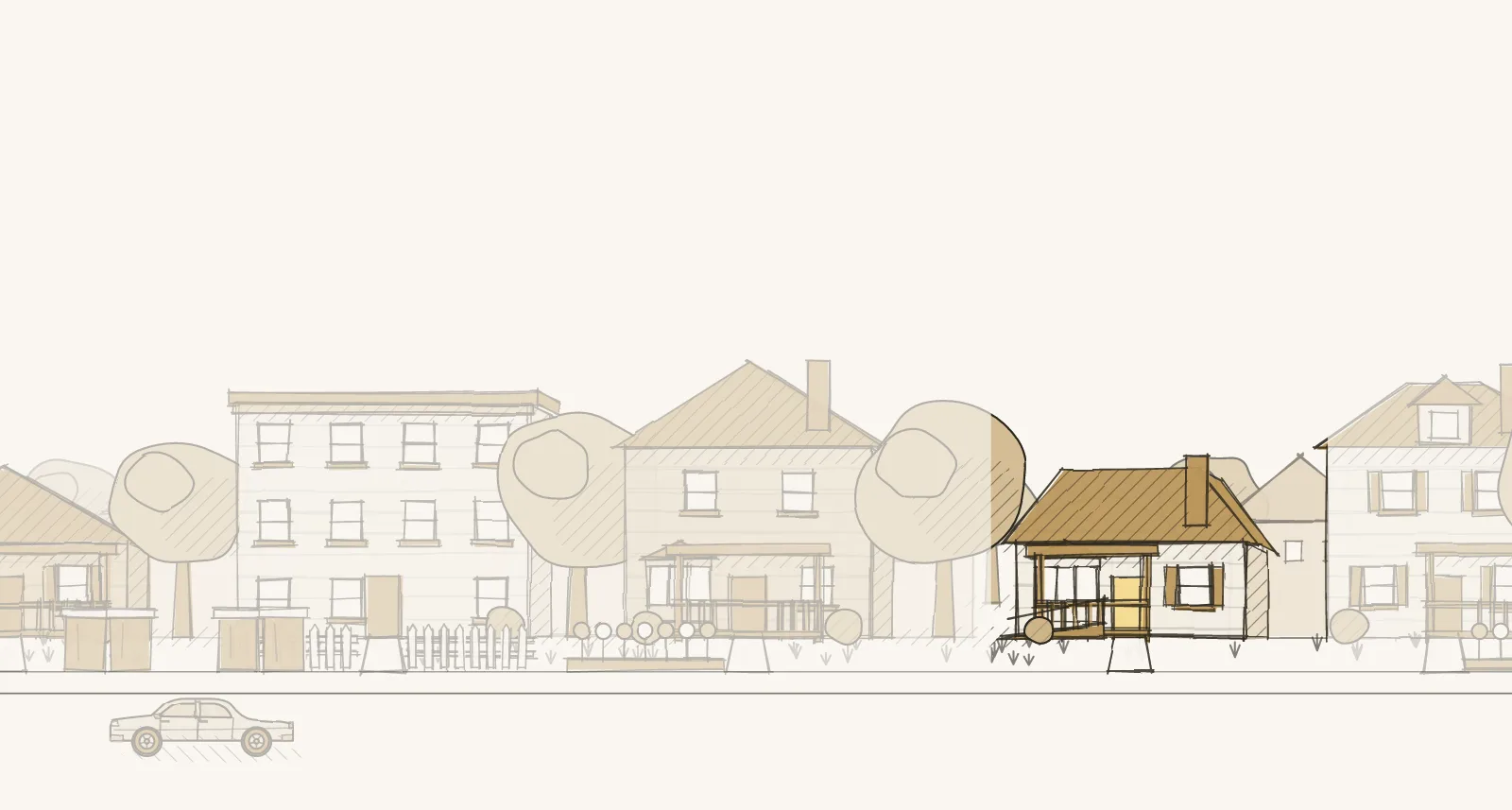 Settled Older Streets: a street of detached houses, townhouses and apartment buildings, with a ramp at a front door. Pen-and-wash illustration, no people.