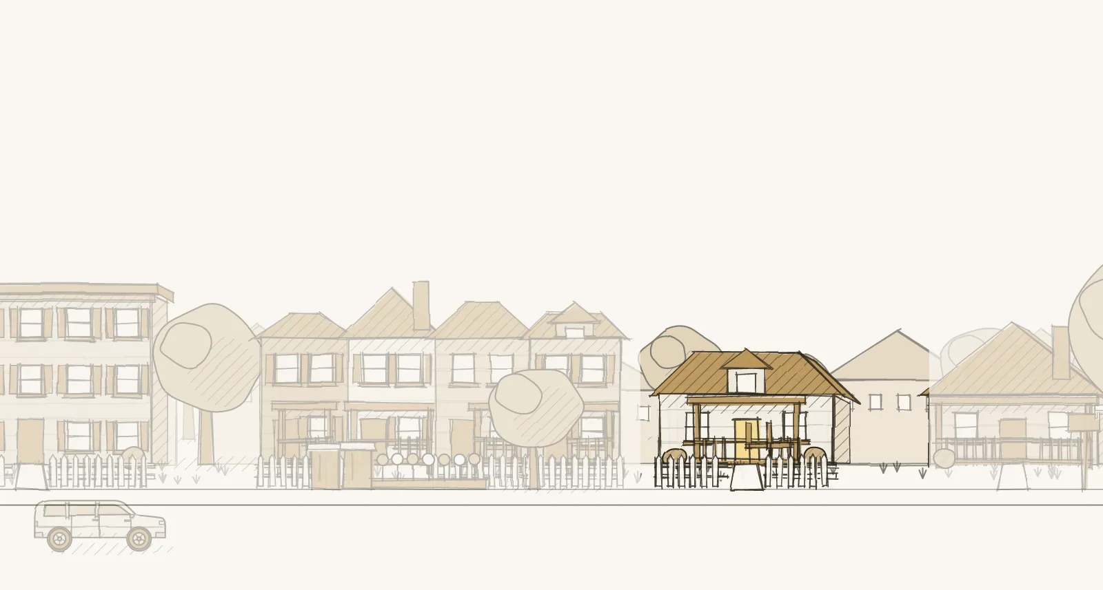 Settled In-Town Neighborhoods: a street of detached houses, townhouses and apartment buildings, with chairs on a porch. Pen-and-wash illustration, no people.