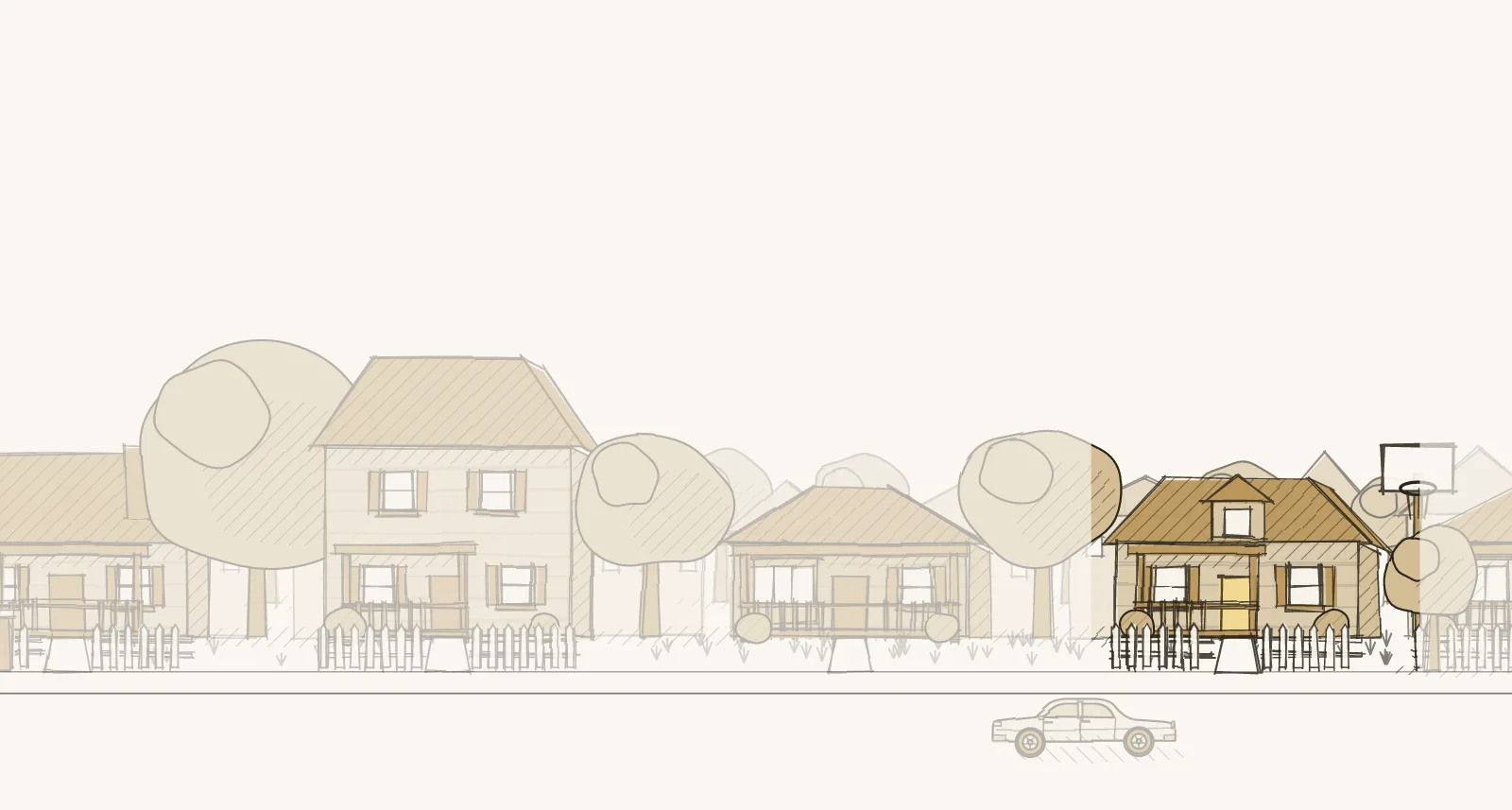 Older House-and-Yard Streets: a street of detached houses, townhouses and apartment buildings, with a basketball hoop. Pen-and-wash illustration, no people.