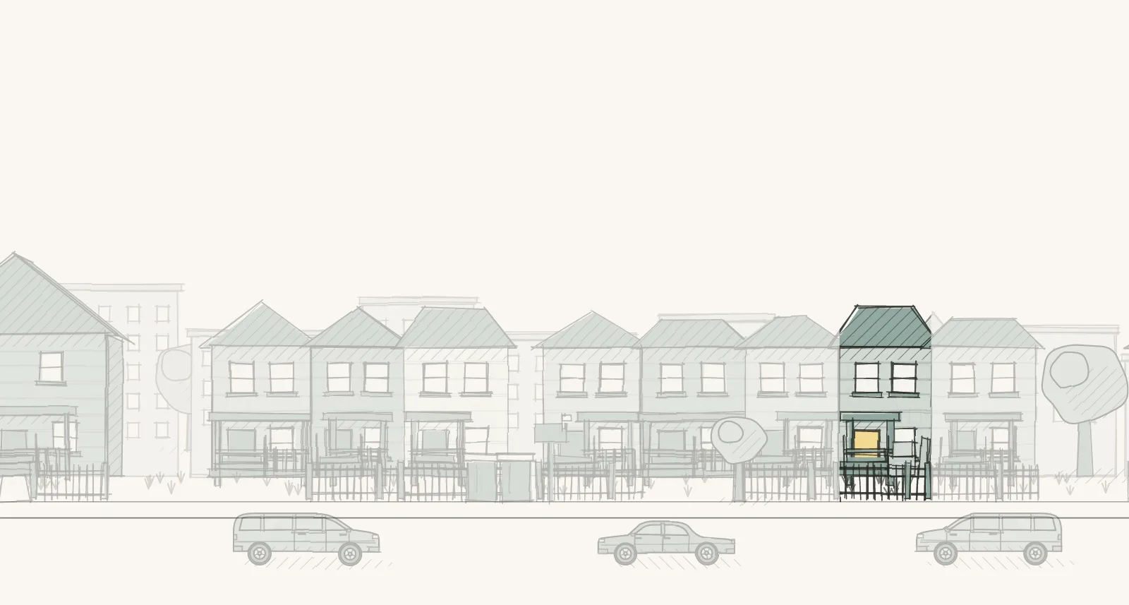 Big-Household City Blocks: a street of detached houses, apartment buildings and townhouses, with boxes by a door. Pen-and-wash illustration, no people.