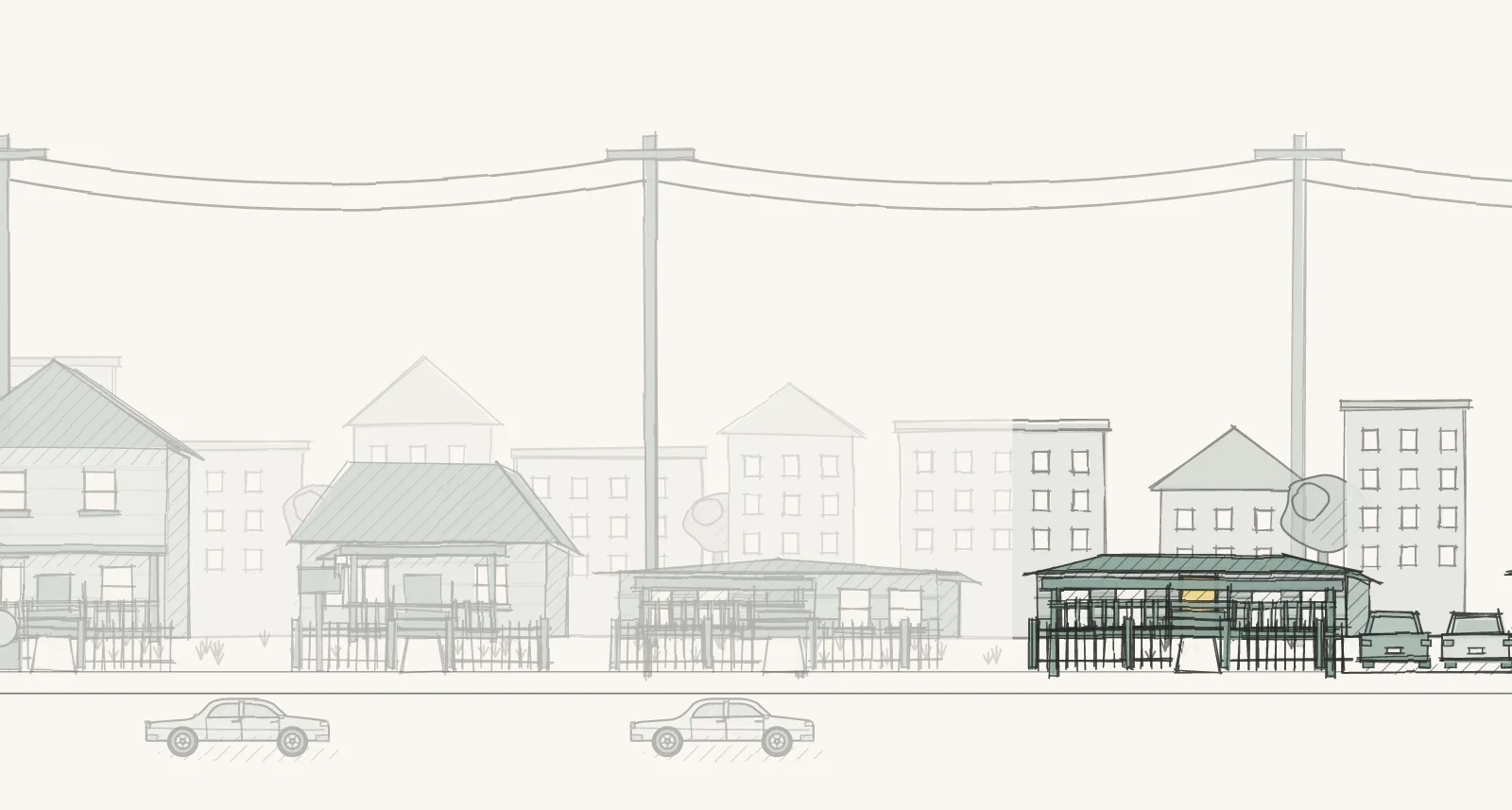 Old-and-New Homeowner Streets: a street of detached houses and mobile homes, with a full driveway. Pen-and-wash illustration, no people.