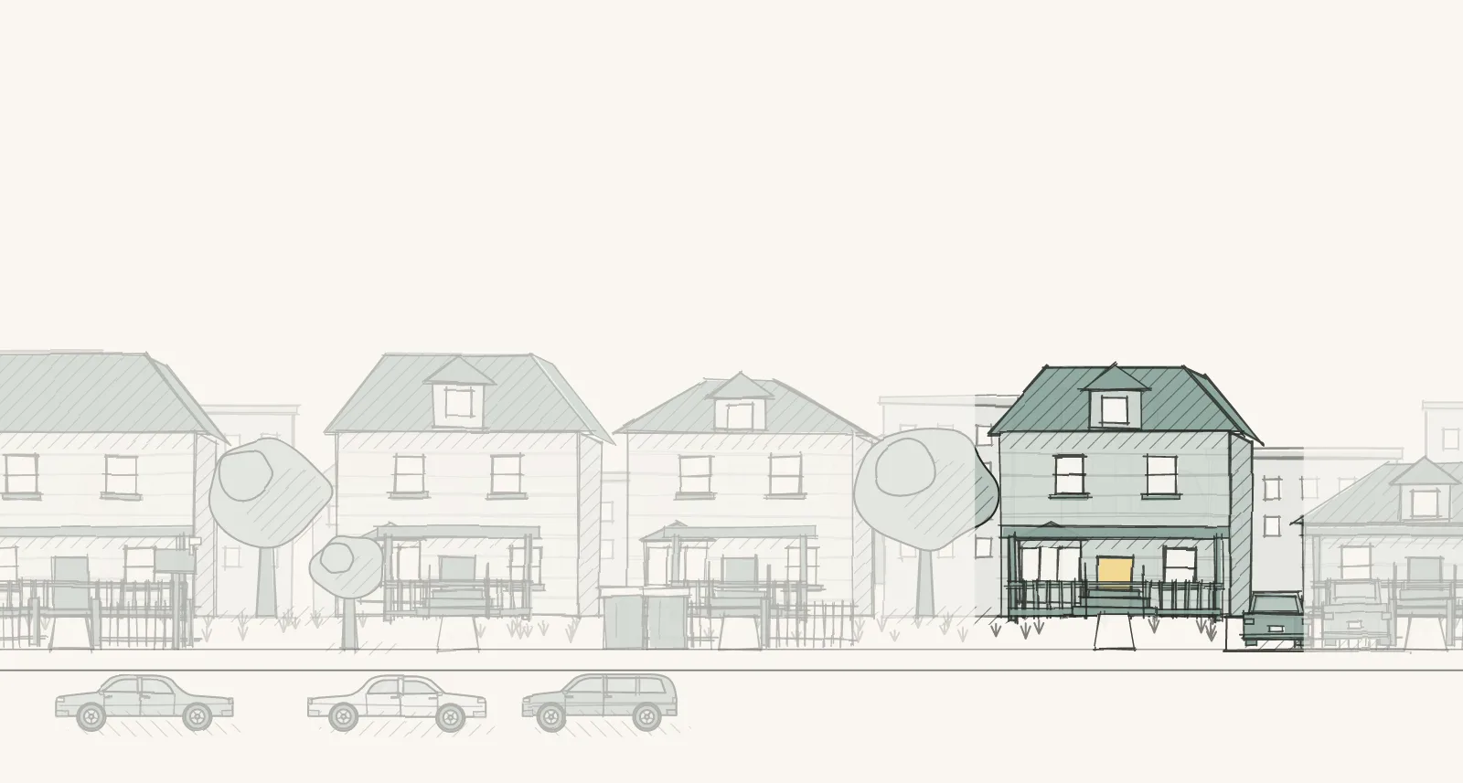Long-Held Family Home Streets: a street of detached houses, with a full driveway. Pen-and-wash illustration, no people.