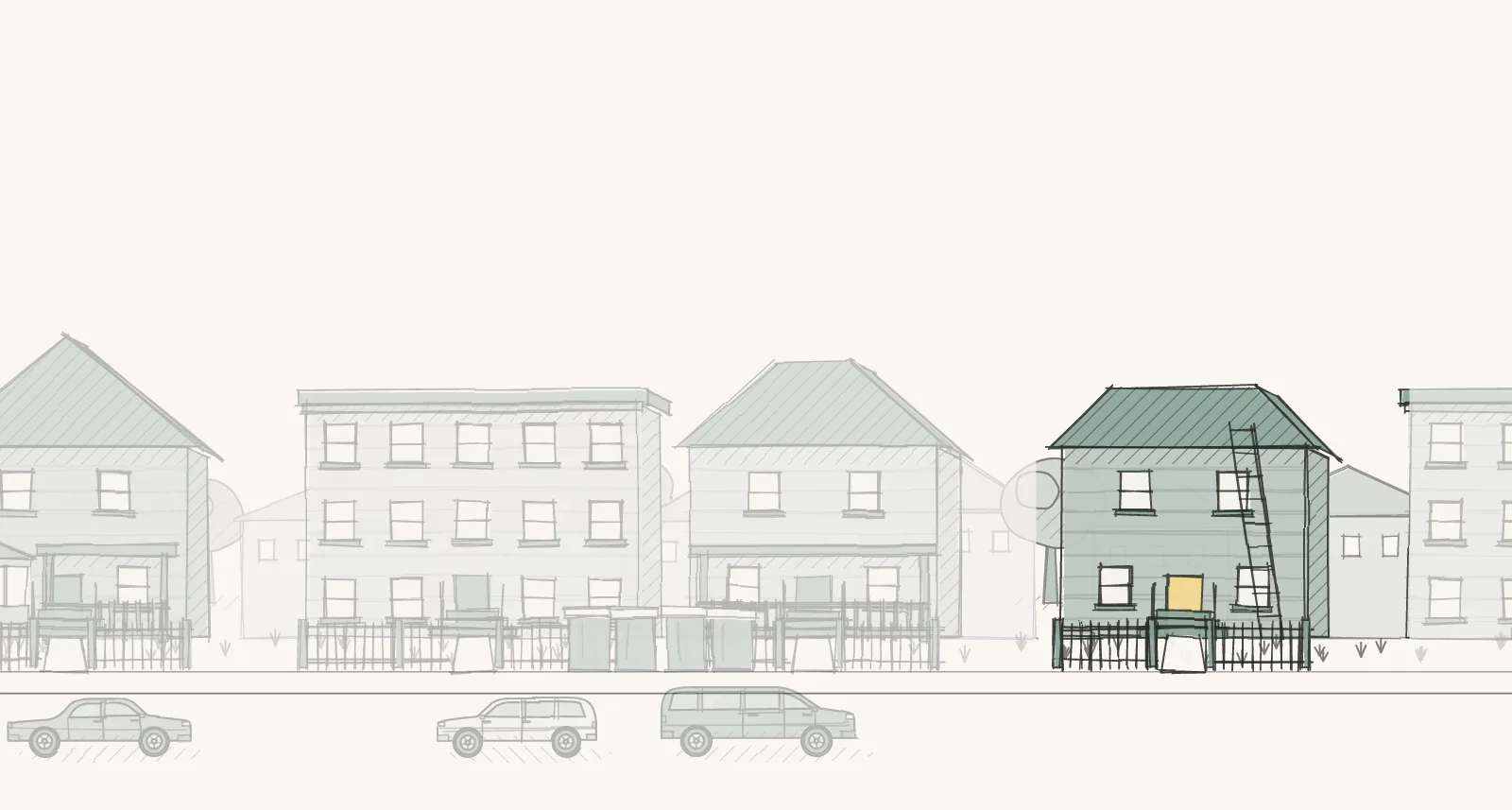 Full-House Family Streets: a street of detached houses, apartment buildings and mobile homes, with a ladder against one house. Pen-and-wash illustration, no people.