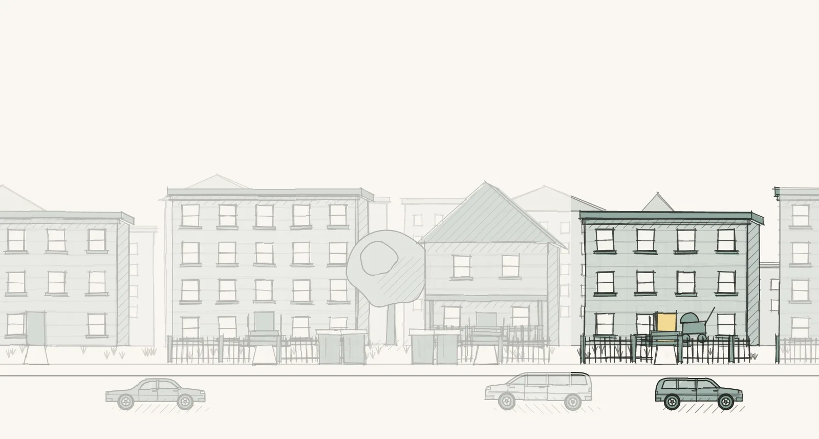 Rented Apartment Buildings: a street of larger apartment buildings, apartment buildings and detached houses, with a stroller by the steps. Pen-and-wash illustration, no people.