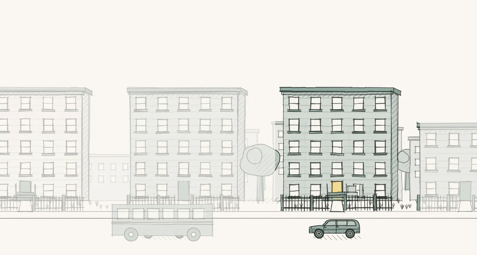 Older City Apartment Blocks: a street of larger apartment buildings, apartment buildings and detached houses, with boxes by a door. Pen-and-wash illustration, no people.