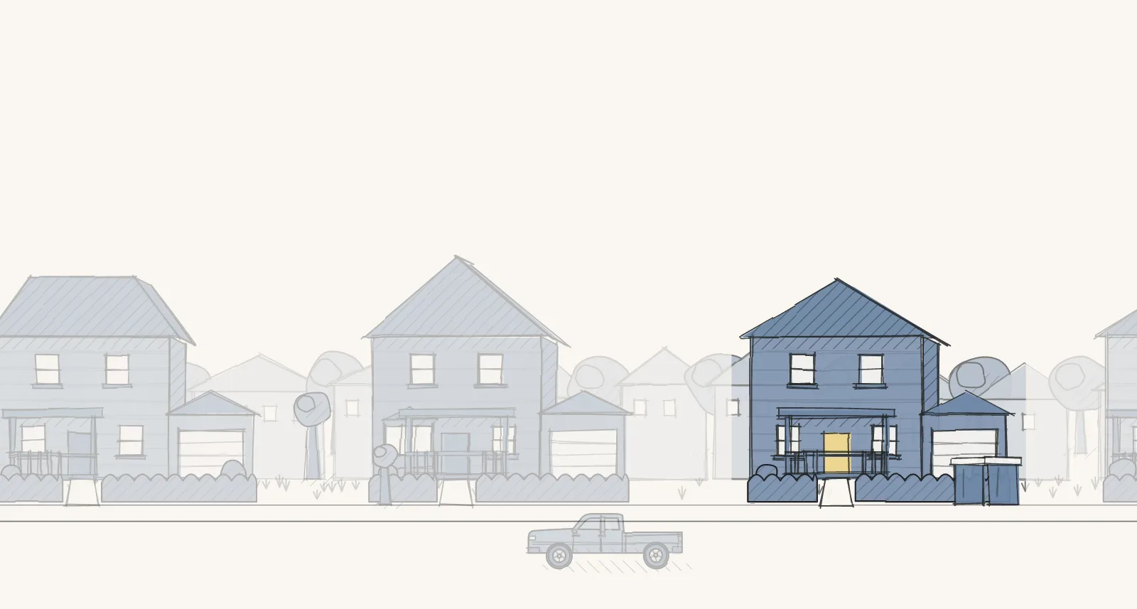 Comfortable New Subdivisions: a street of detached houses. Pen-and-wash illustration, no people.
