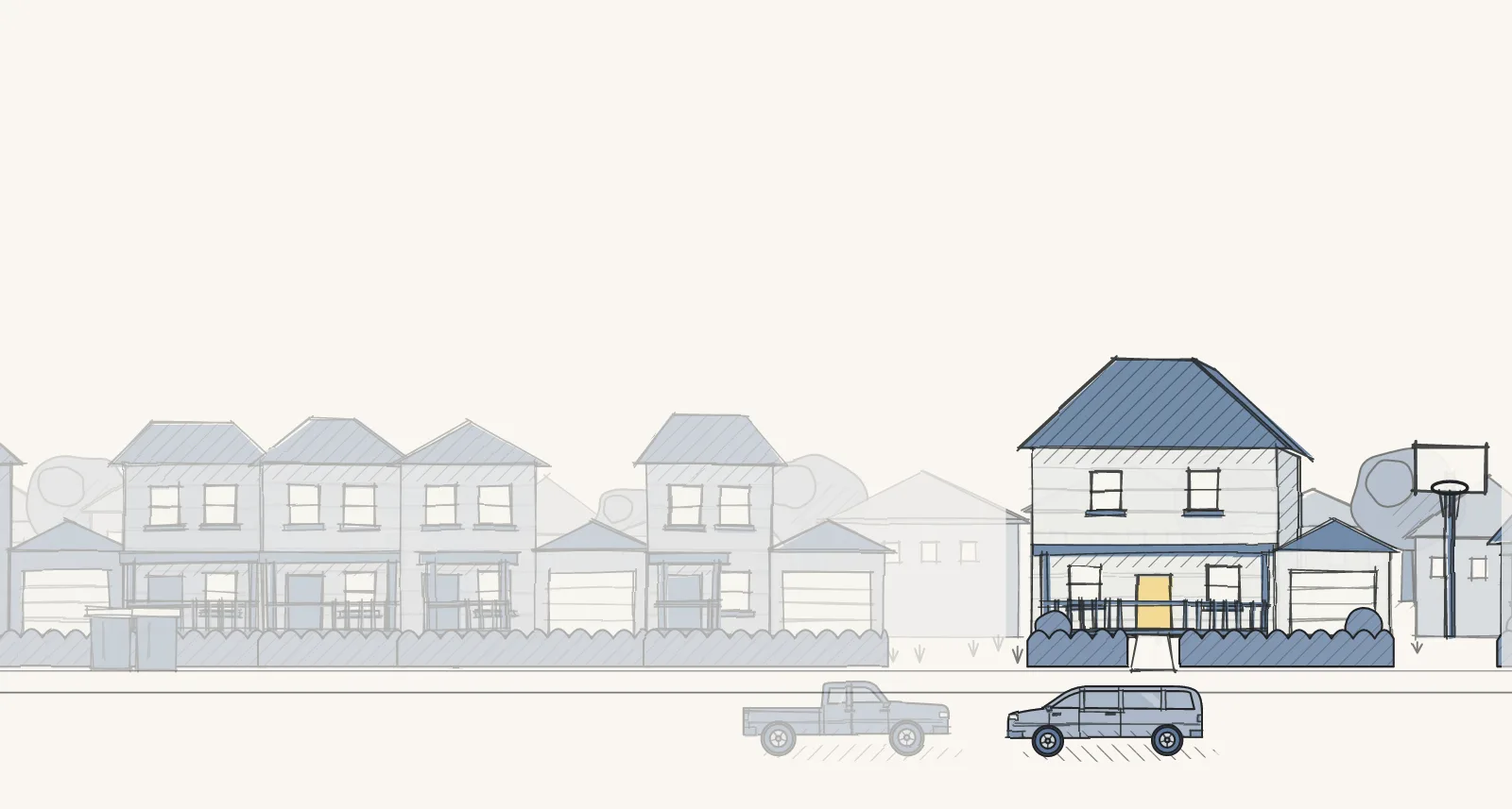 Newer Mixed-Housing Streets: a street of detached houses, townhouses and apartment buildings, with a basketball hoop. Pen-and-wash illustration, no people.
