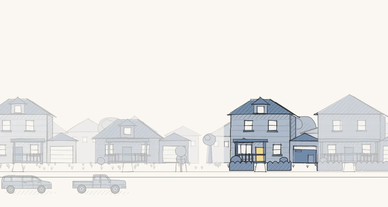 Newer Family-Home Streets: a street of detached houses, with a garage door standing open. Pen-and-wash illustration, no people.