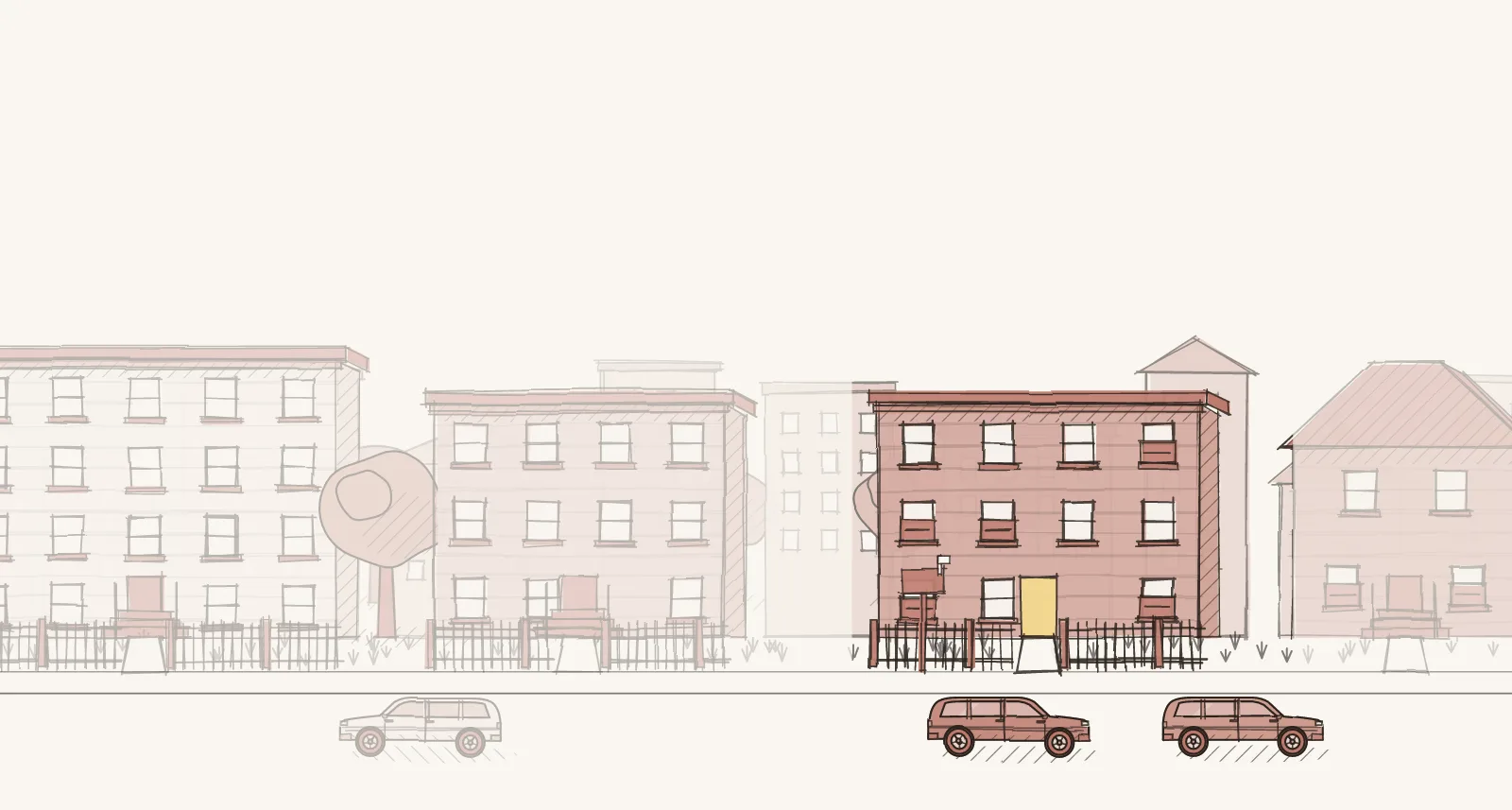 Older Rental Blocks: a street of detached houses, larger apartment buildings and apartment buildings, with a mailbox. Pen-and-wash illustration, no people.