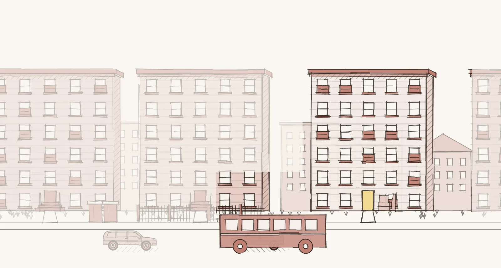 Bus-and-Train Apartment Blocks: a street of larger apartment buildings and apartment buildings, with boxes by a door. Pen-and-wash illustration, no people.
