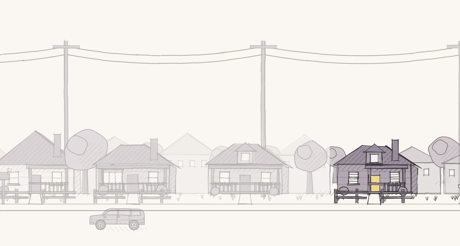 Older Drive-to-Work Roads: a street of detached houses, apartment buildings and mobile homes, with blinds drawn in the daytime. Pen-and-wash illustration, no people.