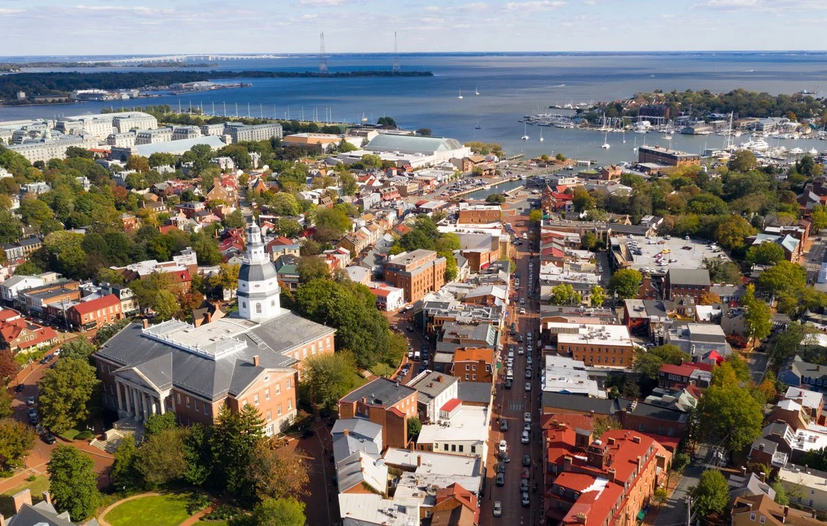 Aerial view of downtown Annapolis and its harbor